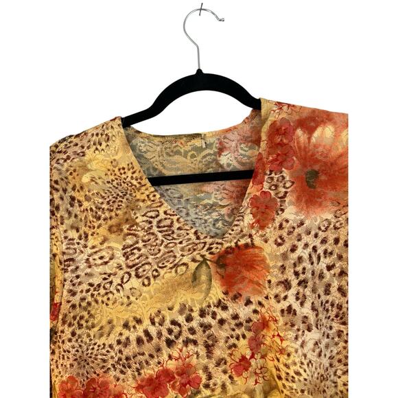 Y2K Floral & Cheetah Print Lace Top Asymmetric Hem  3/4 Sleeve Vintage - Picture 2 of 8